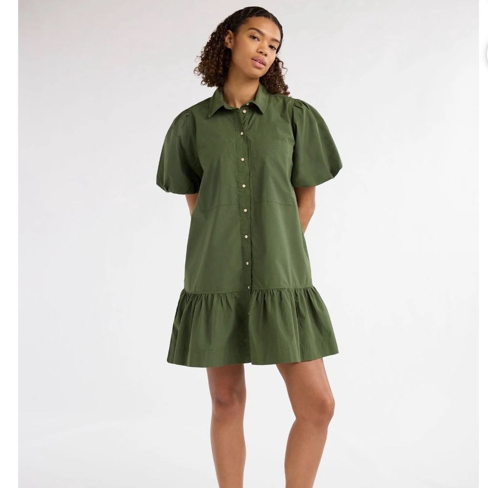 Green Ruffle Puff Sleeve Dress